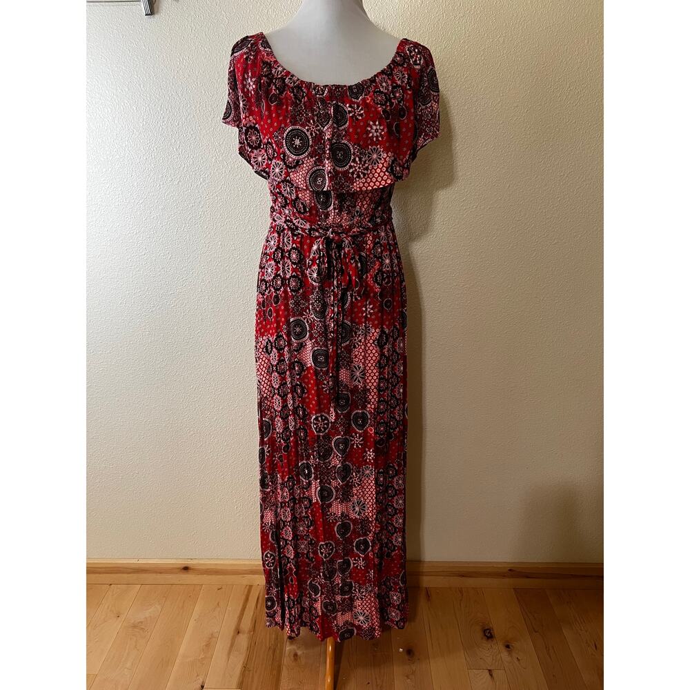 Baltic Born red floral geometric off the shoulder maxi dress NEW MEDIUM